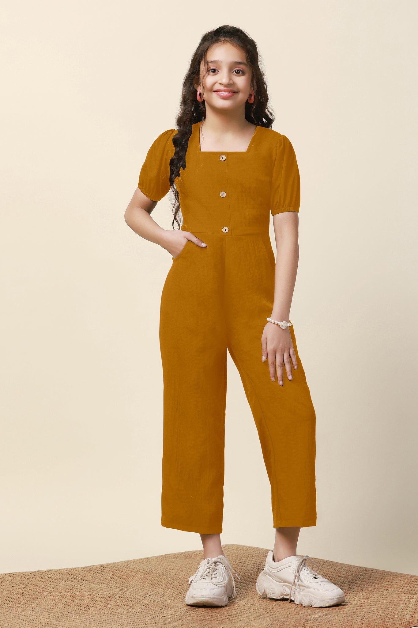 Girls Mustard Sugarcane Solid A-Line Ankle Length Jumpsuit