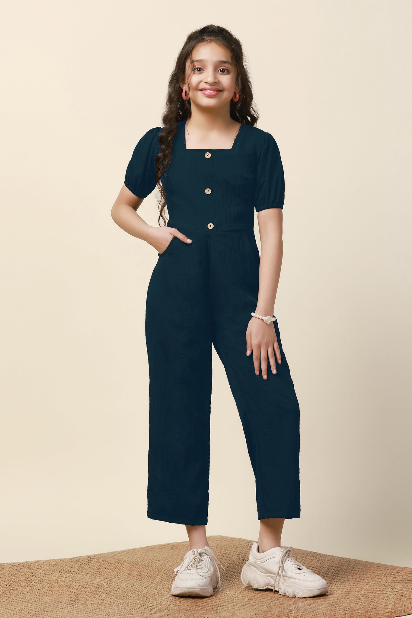 Girls Dark Blue Sugarcane Solid Ankle Length Jumpsuit