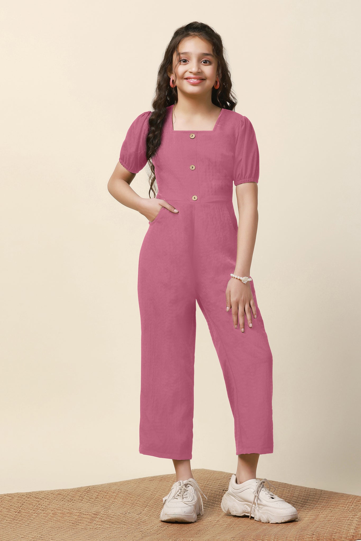 Girls Pink Solid A-Line Ankle Length Jumpsuit