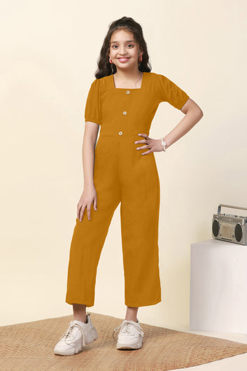 Girls Mustard Sugarcane Solid A-Line Ankle Length Jumpsuit