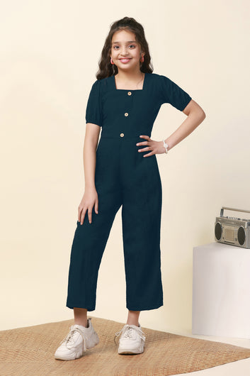 Girls Dark Blue Sugarcane Solid Ankle Length Jumpsuit