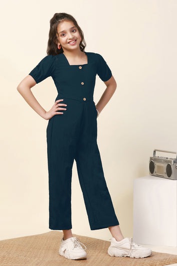 Girls Dark Blue Sugarcane Solid Ankle Length Jumpsuit