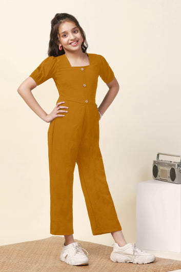 Girls Mustard Sugarcane Solid A-Line Ankle Length Jumpsuit