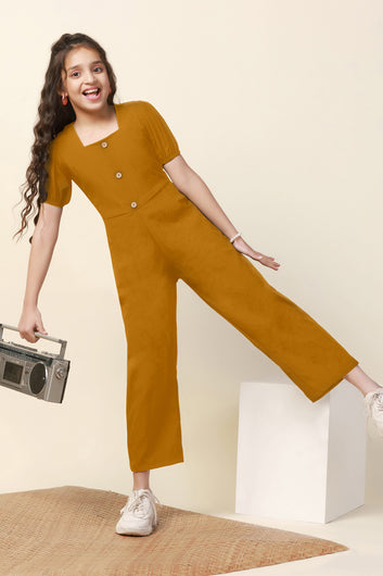 Girls Mustard Sugarcane Solid A-Line Ankle Length Jumpsuit