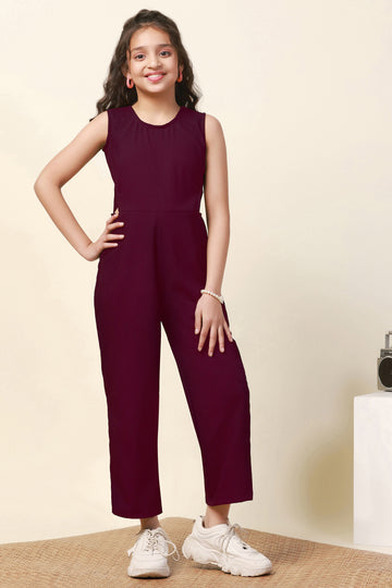 Girls Maroon Solid A-Line Ankle Length Jumpsuit