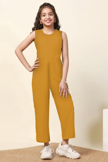 Girls Mustard Sugarcane Solid Ankle Length Jumpsuit