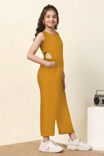 Girls Mustard Sugarcane Solid Ankle Length Jumpsuit