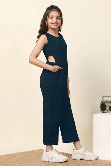 Girls Dark Blue Sugarcane Solid Cut-Out Ankle Length Jumpsuit