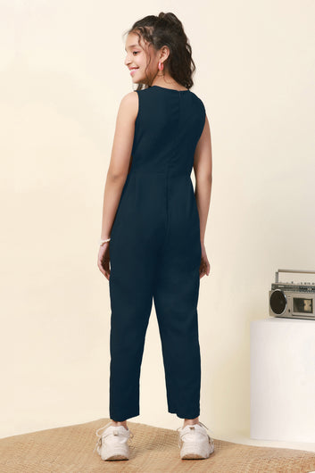 Girls Dark Blue Sugarcane Solid Cut-Out Ankle Length Jumpsuit