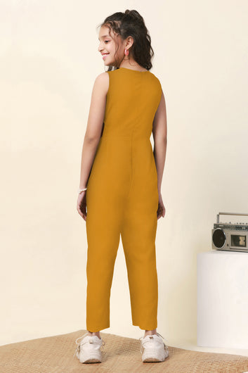 Girls Mustard Sugarcane Solid Ankle Length Jumpsuit