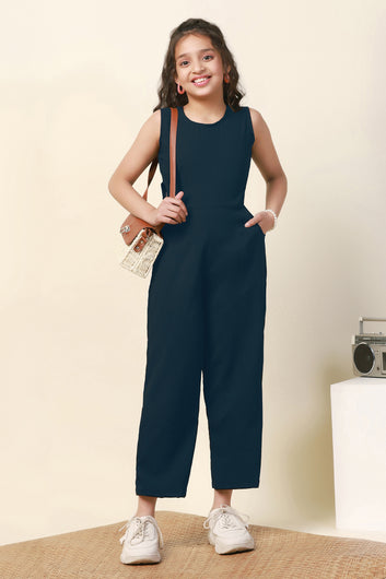 Girls Dark Blue Sugarcane Solid Cut-Out Ankle Length Jumpsuit