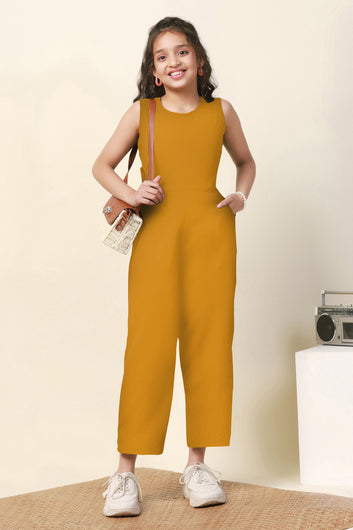 Girls Mustard Sugarcane Solid Ankle Length Jumpsuit