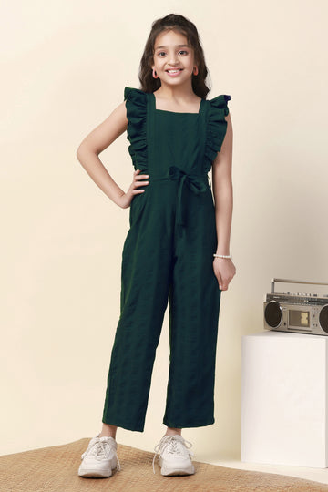 Girls Green Solid Ankle Length Jumpsuit