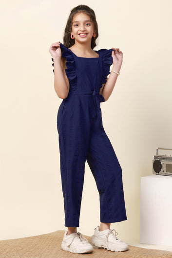 Girl's Blue Solid Long Sleeveless Jumpsuit