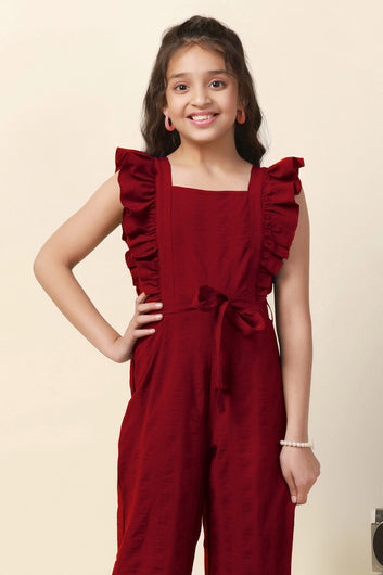 Girls Maroon Solid Ankle Length Jumpsuit