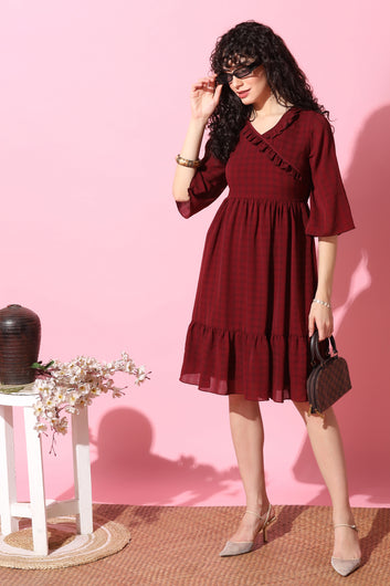 Women's Maroon Checked Fit And Flare Dress