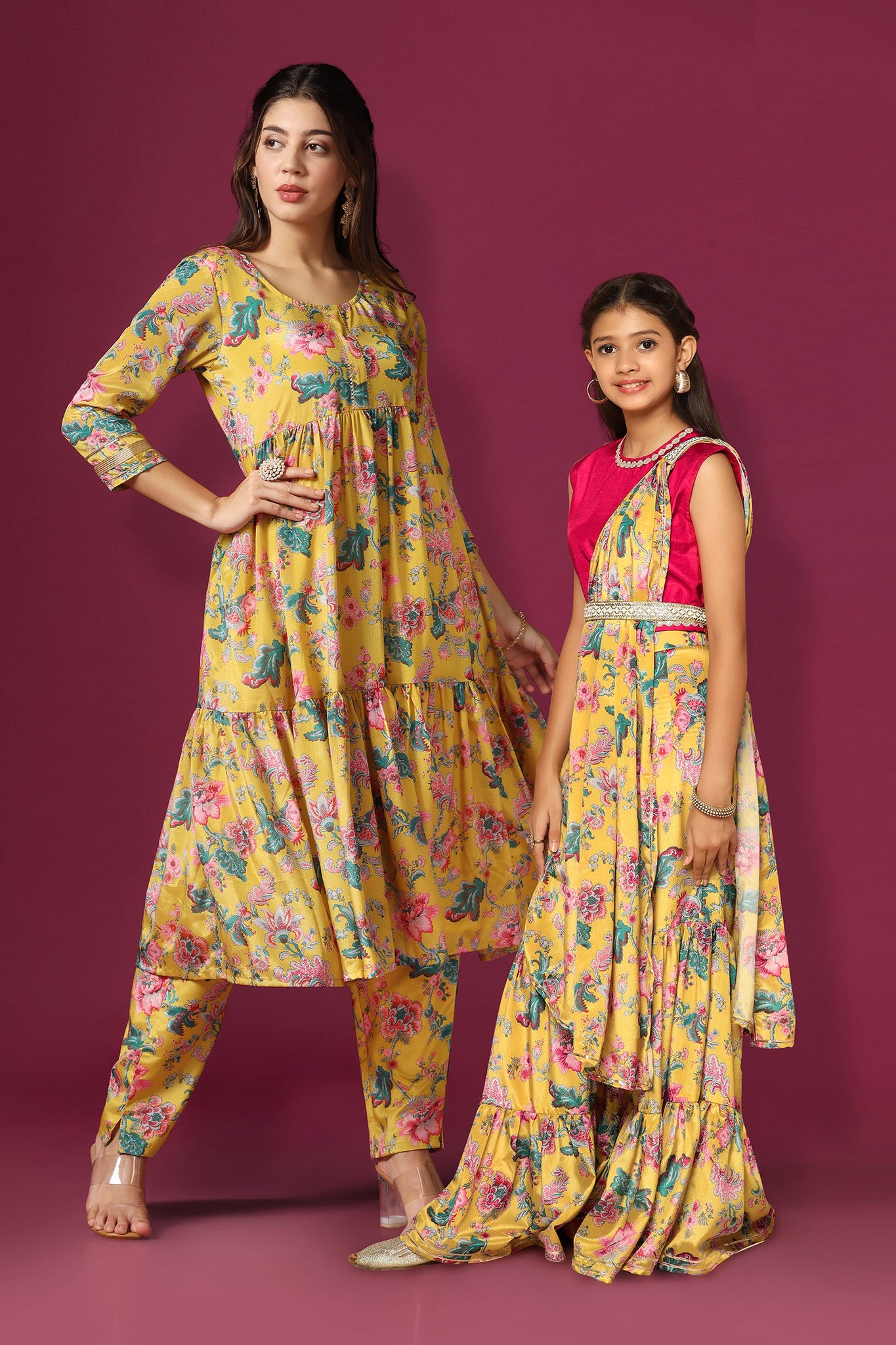 Yellow Floral Printed Mother-Daughter Ethnic Set