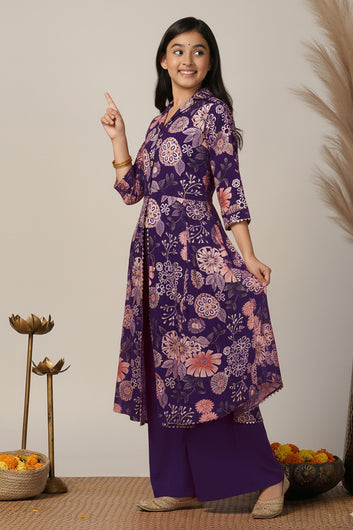 Girl's Dark Purple Chanderi Silk Printed Front Slit Kurta and Palazzo Set