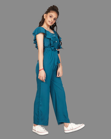 Girl's Front Button Ruffle Pattern Maxi Jumpsuit