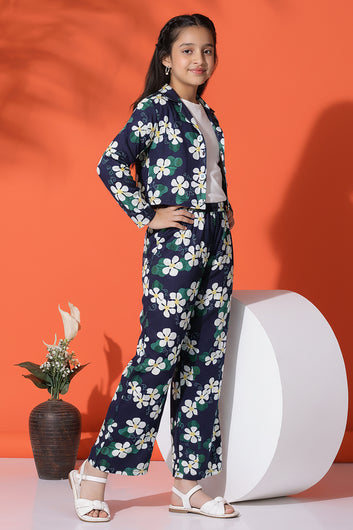 Girls White Cotton Blend Flower Printed Co ords sets Whith Jecket