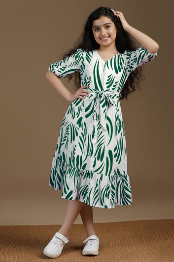 Girl's Green Rayon Printed Midi Dress