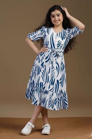 Girl's Blue Rayon Printed Midi Dress