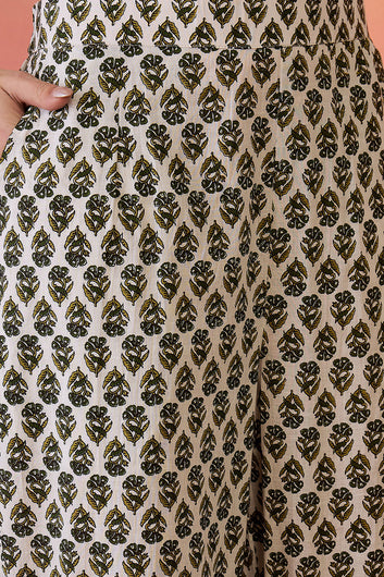 Womens Off White Cotton Printed Kurta Pant With Dupatta Set