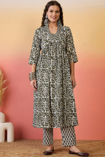 Womens Off White Cotton Printed Kurta Pant With Dupatta Set