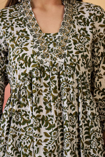 Womens Off White Cotton Printed Kurta Pant With Dupatta Set