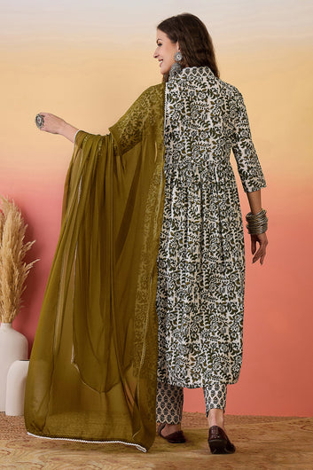 Womens Off White Cotton Printed Kurta Pant With Dupatta Set