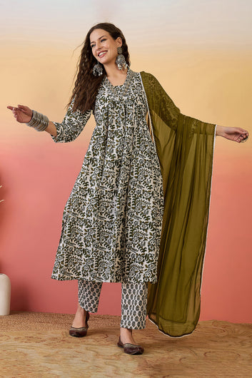 Womens Off White Cotton Printed Kurta Pant With Dupatta Set