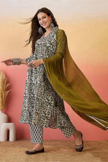 Womens Off White Cotton Printed Kurta Pant With Dupatta Set