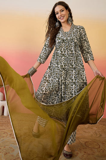 Womens Off White Cotton Printed Kurta Pant With Dupatta Set