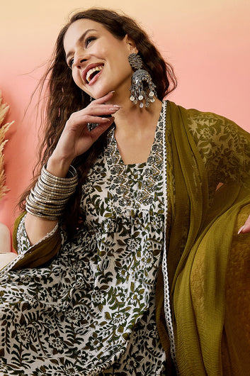 Womens Off White Cotton Printed Kurta Pant With Dupatta Set