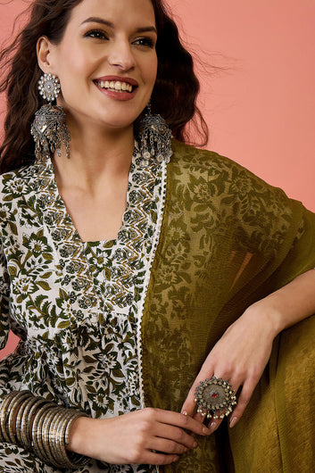 Womens Off White Cotton Printed Kurta Pant With Dupatta Set