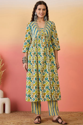 Womens Multi Color Cotton Printed Kurta Pant With Dupatta Set