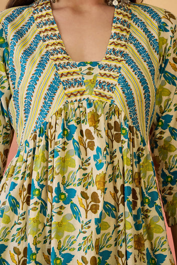 Womens Multi Color Cotton Printed Kurta Pant With Dupatta Set