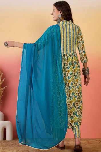 Womens Multi Color Cotton Printed Kurta Pant With Dupatta Set