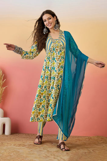 Womens Multi Color Cotton Printed Kurta Pant With Dupatta Set