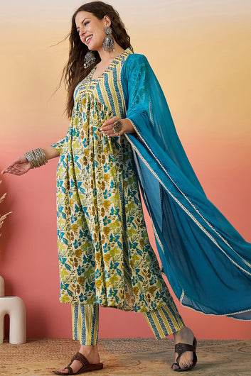 Womens Multi Color Cotton Printed Kurta Pant With Dupatta Set