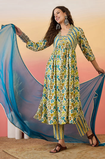 Womens Multi Color Cotton Printed Kurta Pant With Dupatta Set