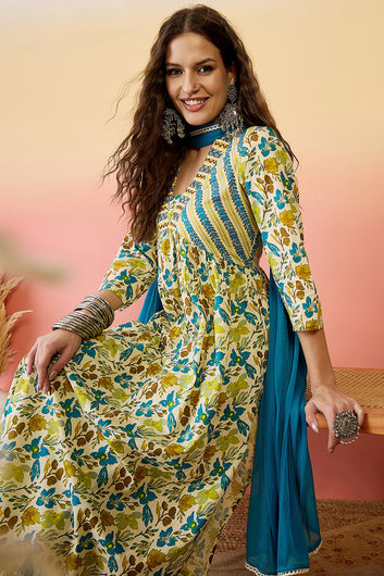 Womens Multi Color Cotton Printed Kurta Pant With Dupatta Set