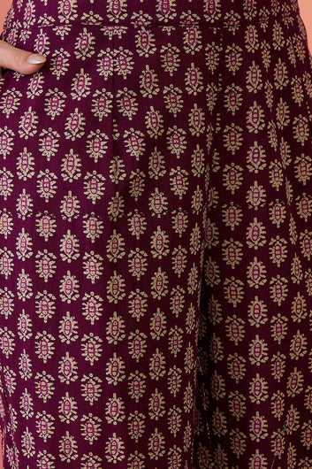 Womens Purple Cotton Printed Kurta Pant With Dupatta Set