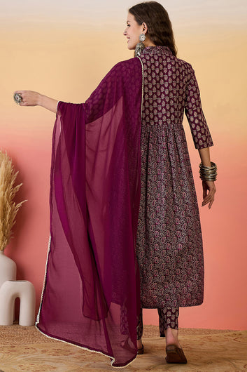 Womens Purple Cotton Printed Kurta Pant With Dupatta Set