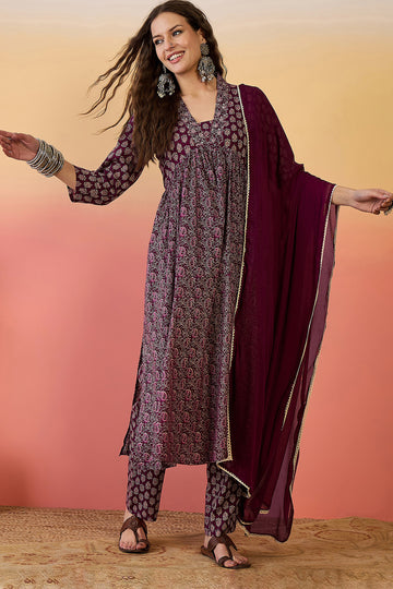 Womens Purple Cotton Printed Kurta Pant With Dupatta Set