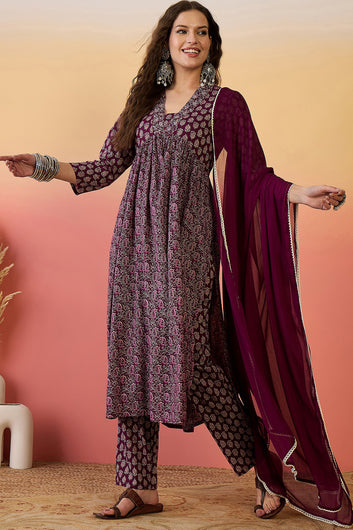 Womens Purple Cotton Printed Kurta Pant With Dupatta Set