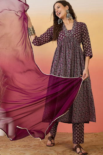 Womens Purple Cotton Printed Kurta Pant With Dupatta Set