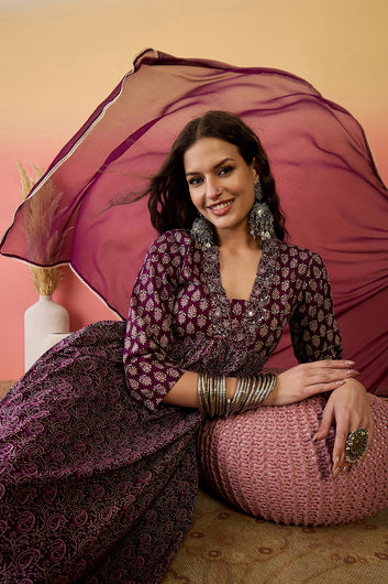 Womens Purple Cotton Printed Kurta Pant With Dupatta Set