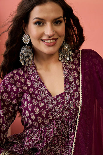 Womens Purple Cotton Printed Kurta Pant With Dupatta Set