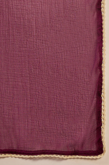 Womens Purple Cotton Printed Kurta Pant With Dupatta Set